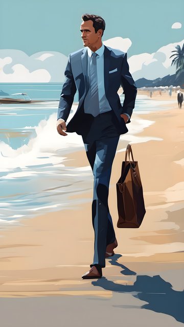 Stylish Man in Suit Walking on Beach Mobile Wallpaper