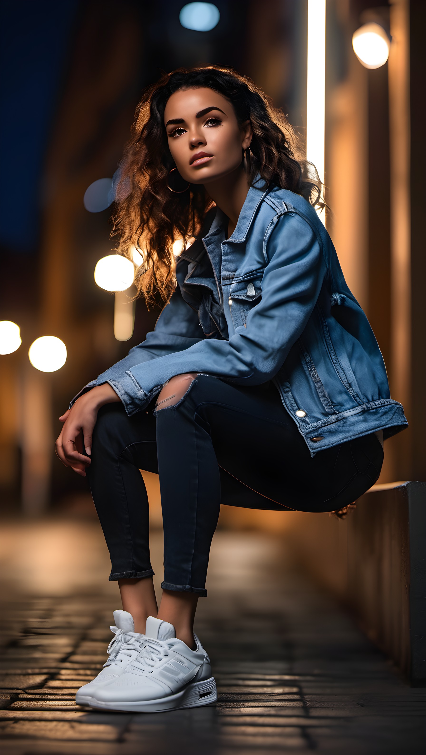 Denim Style Urban Night Portrait Phone Background, woman, fashion, denim, urban, night, bokeh