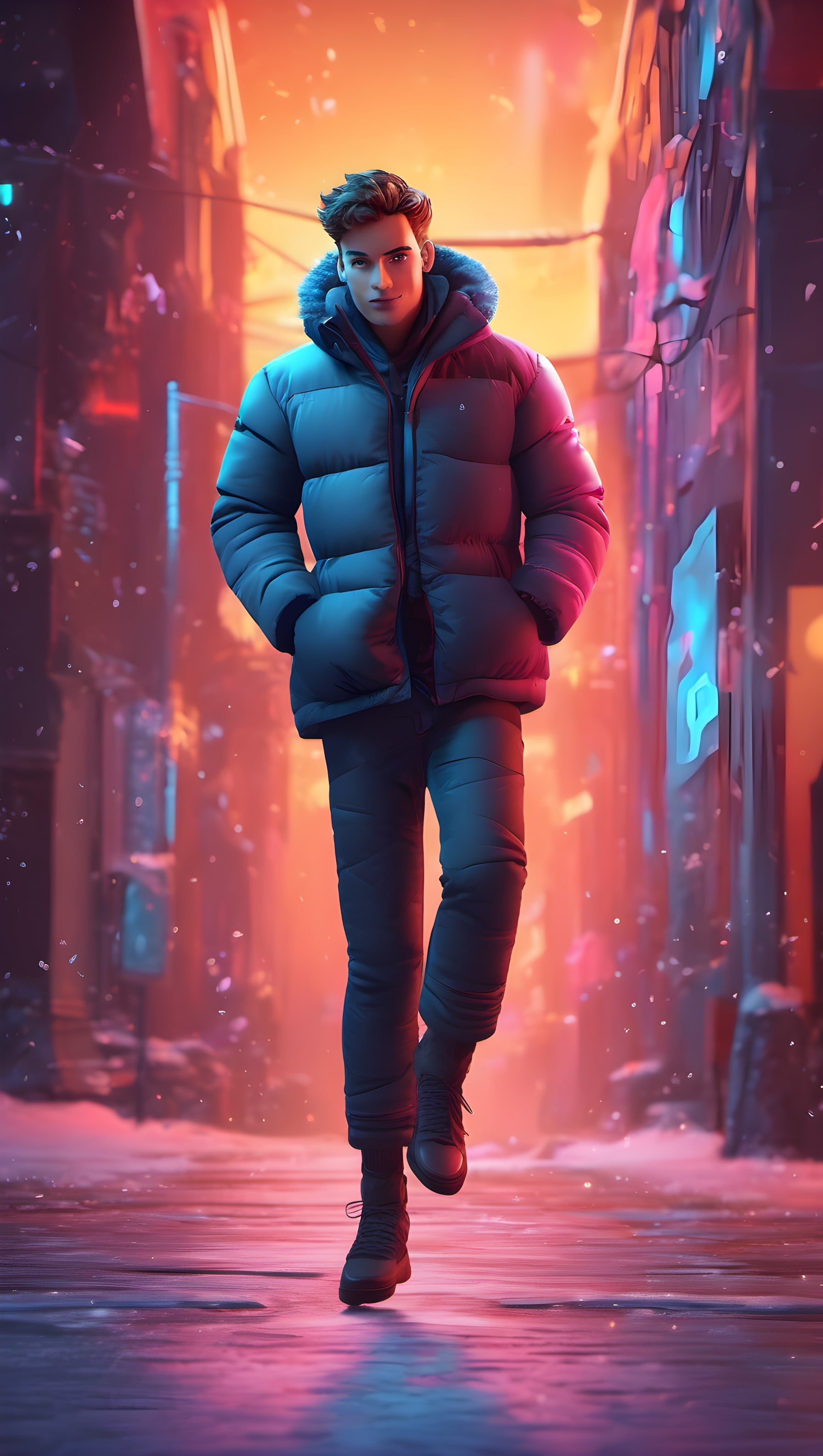 Stylish Man in Neon Winter City Snowfall, urban, neon, winter, cyberpunk, stylish man, blue jacket