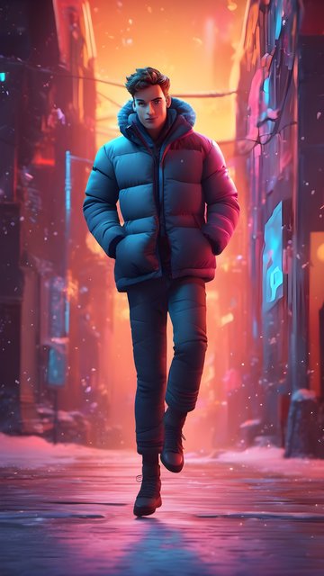 Stylish Man in Neon Winter City Snowfall