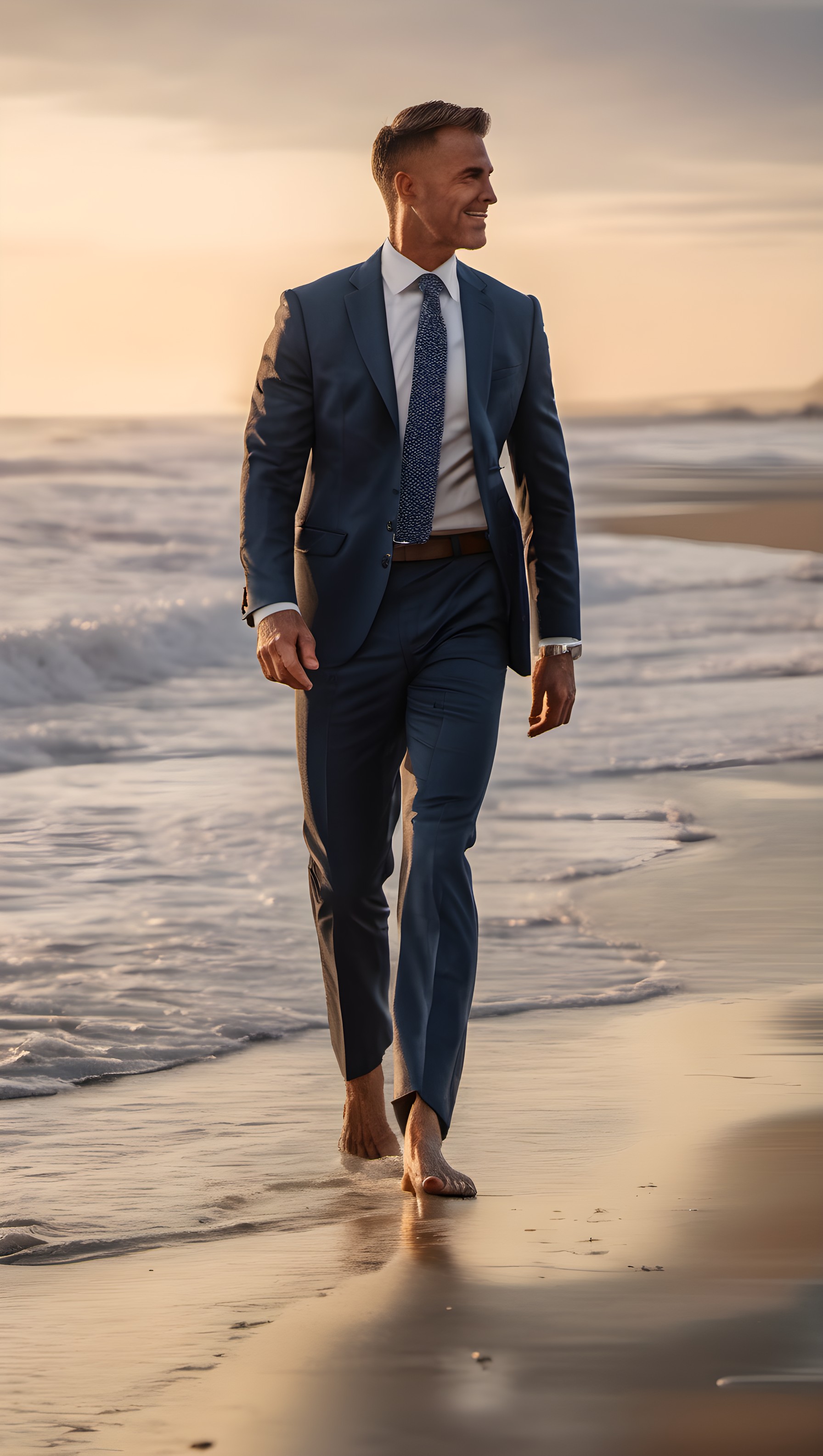 Barefoot Gentleman Beach Walk at Golden Hour, man in suit, barefoot, beach walk, golden hour, sunset, ocean waves