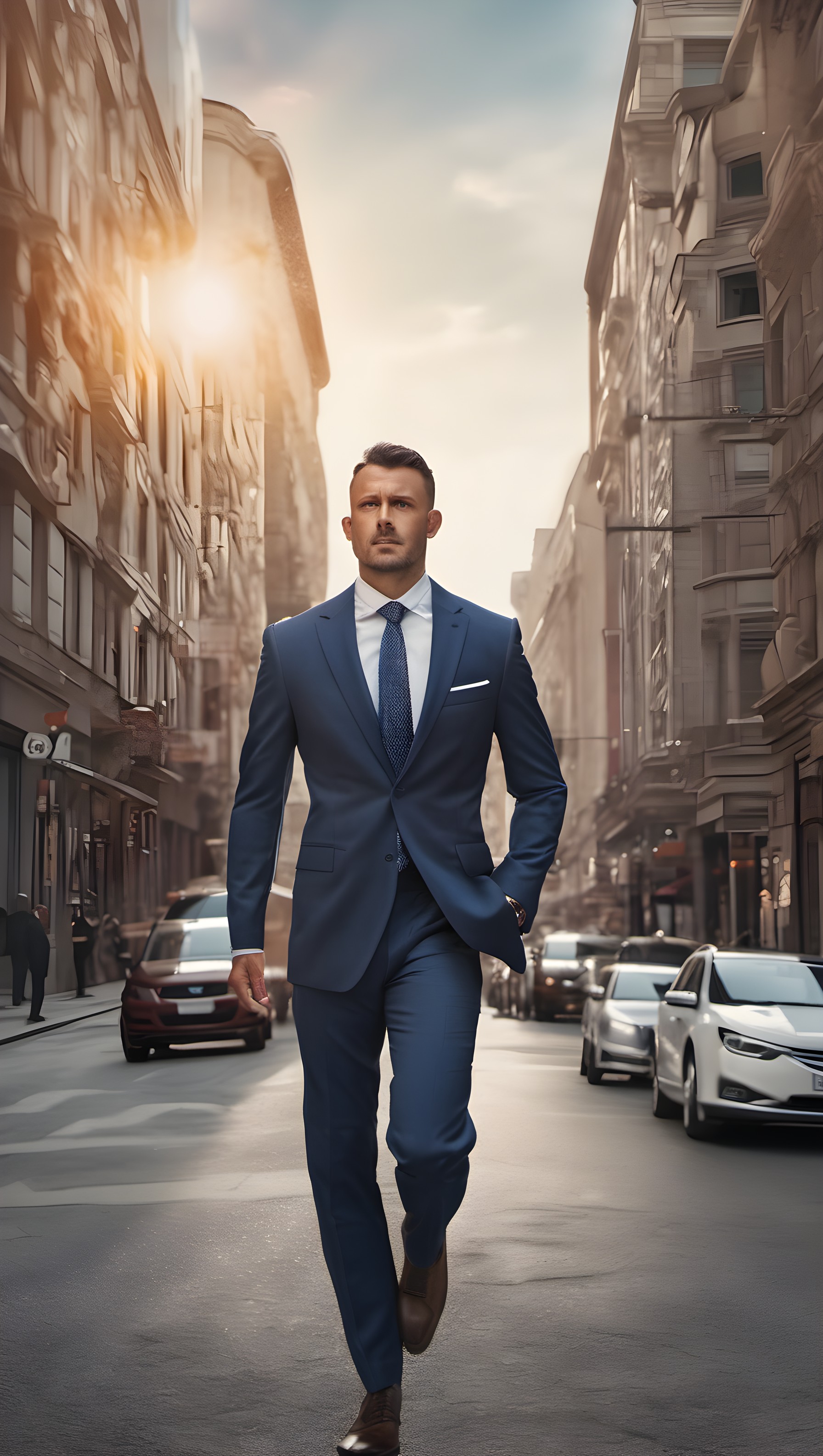 Confident Businessman Strolling City Street at Dusk, businessman, suit, city, urban, confident, professional