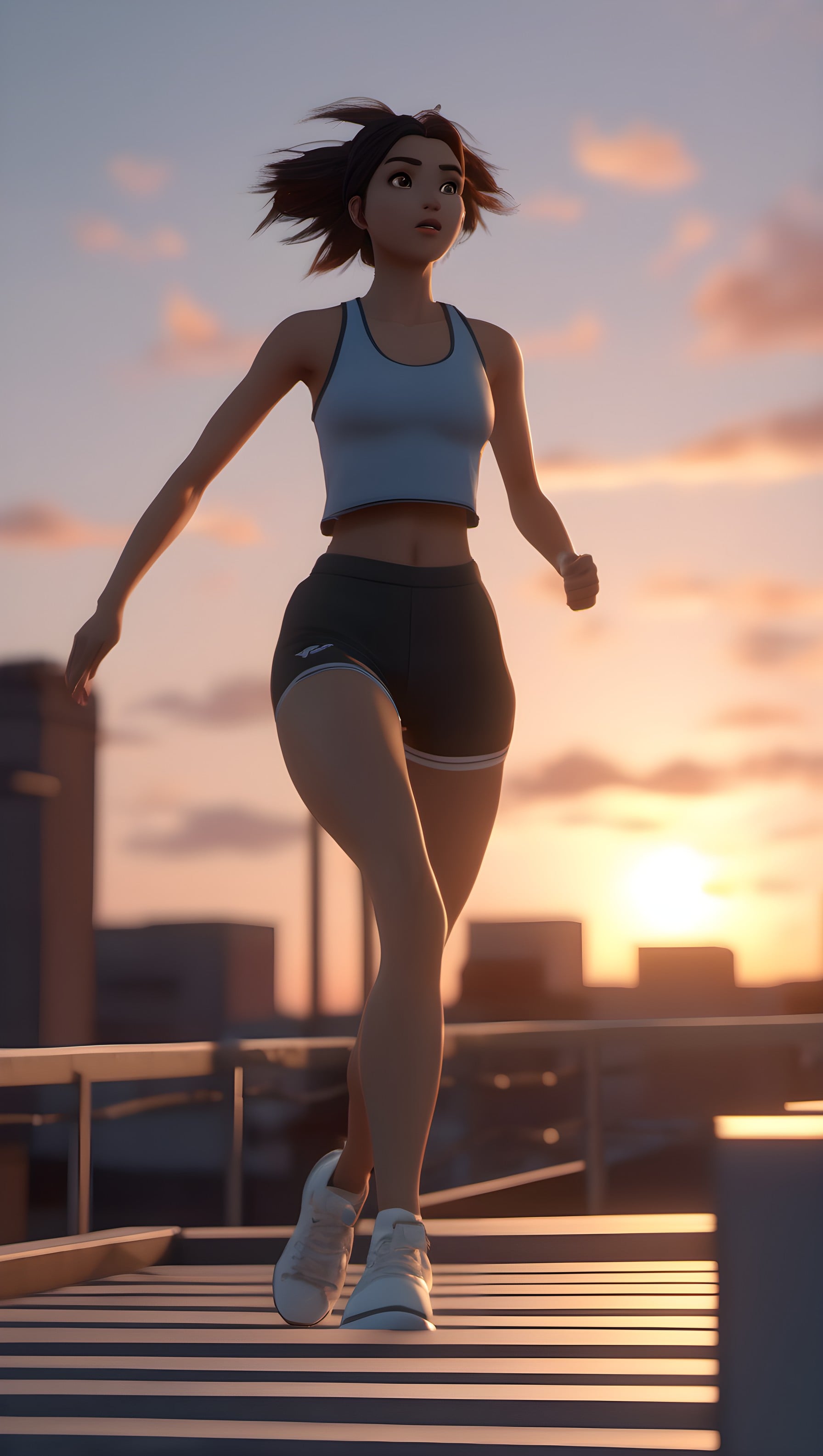 Anime Girl Running on Rooftop at Sunset Wallpaper, anime girl, running, rooftop, sunset, urban, athletic