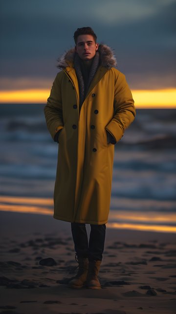 Man in Yellow Parka at Dramatic Sunset Beach