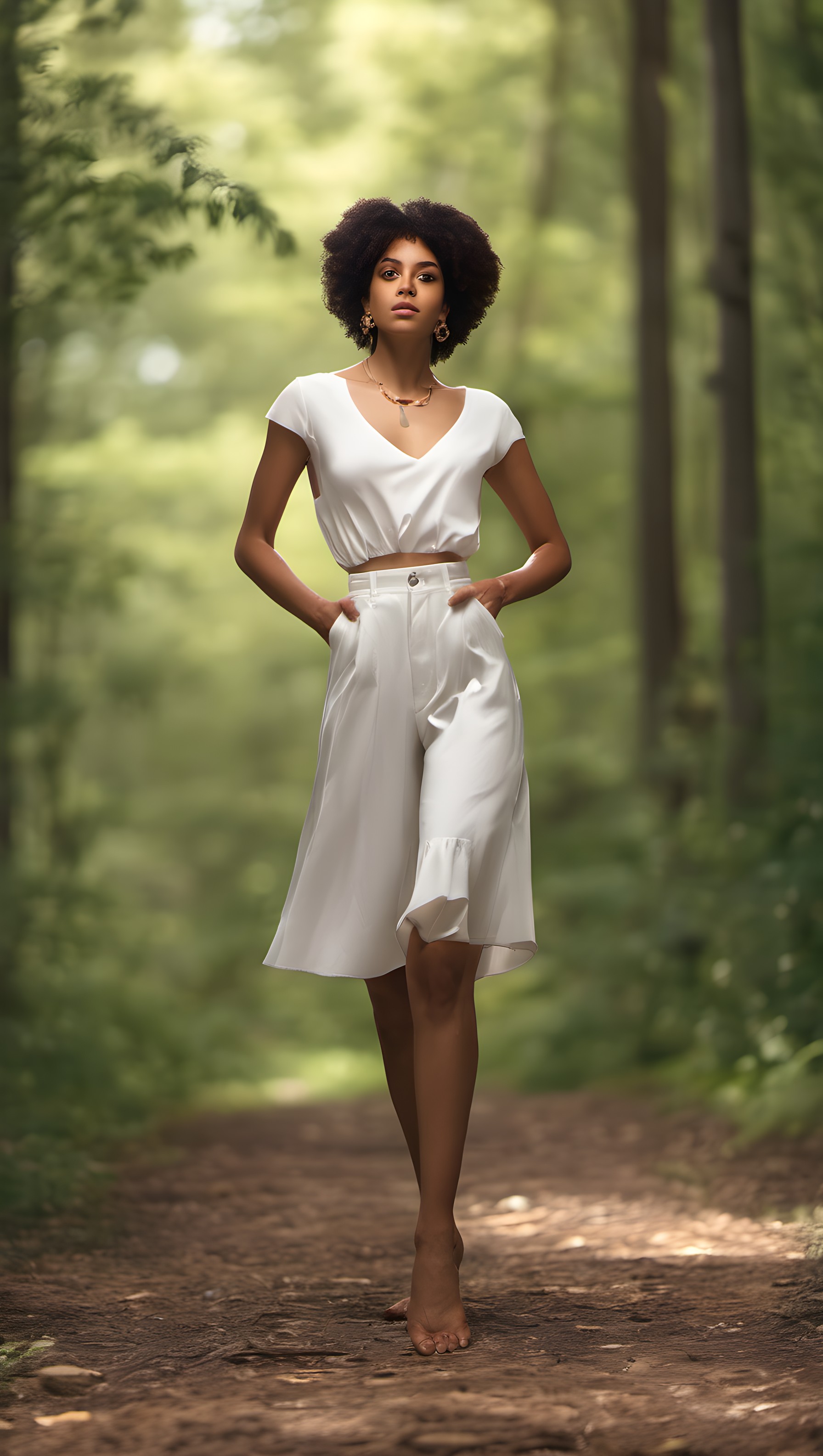 Nature Serenity: Elegant Woman Forest Walk Wallpaper, woman, nature, forest, white outfit, barefoot, elegant