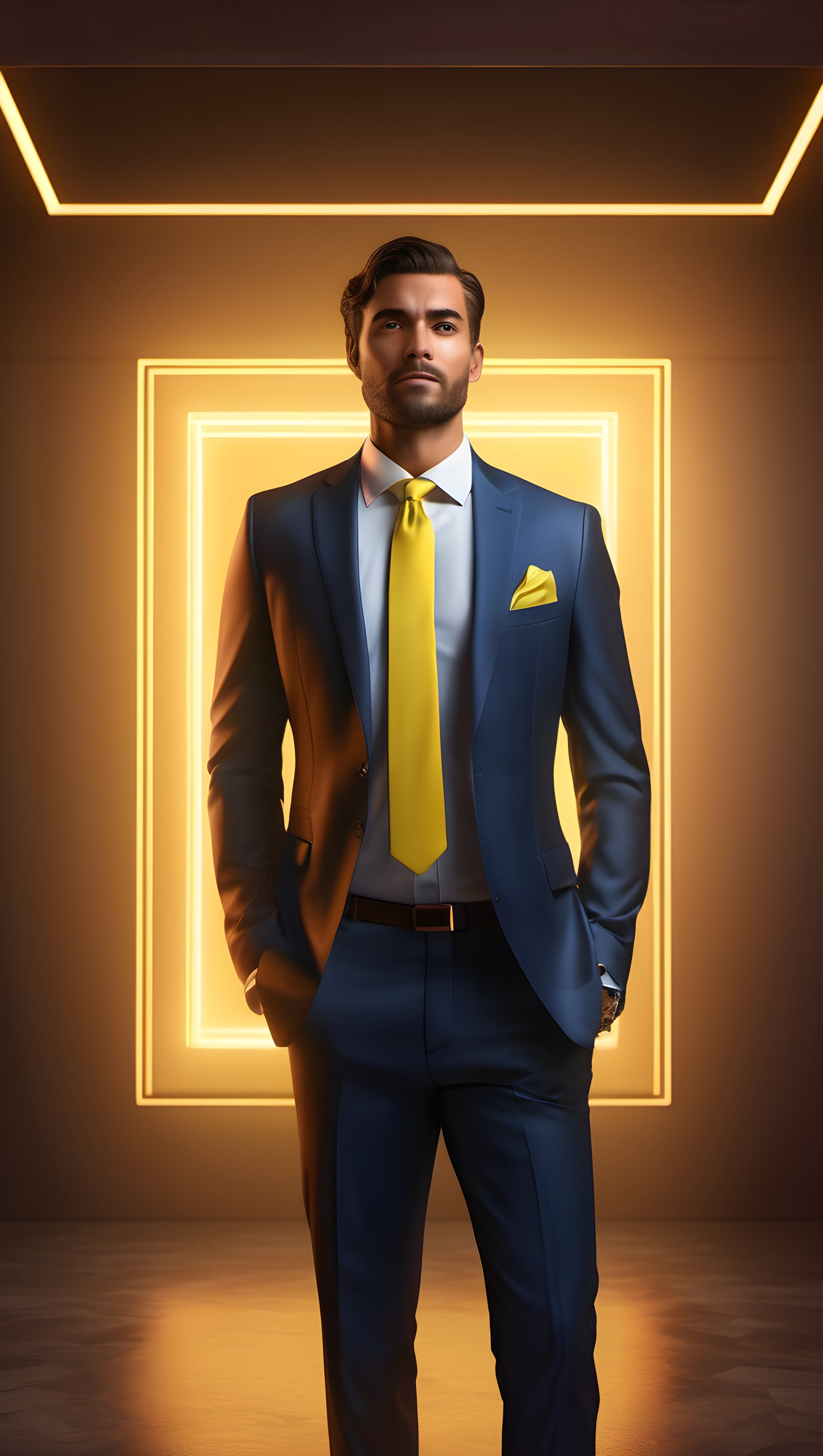 Stylish Man in Navy Suit with Yellow Tie Neon Glow, man, suit, yellow tie, navy blue, neon lights, modern fashion