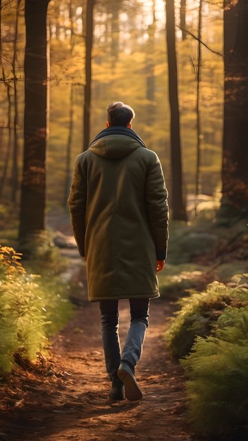 Man Walking Forest Path in Golden Hour Light