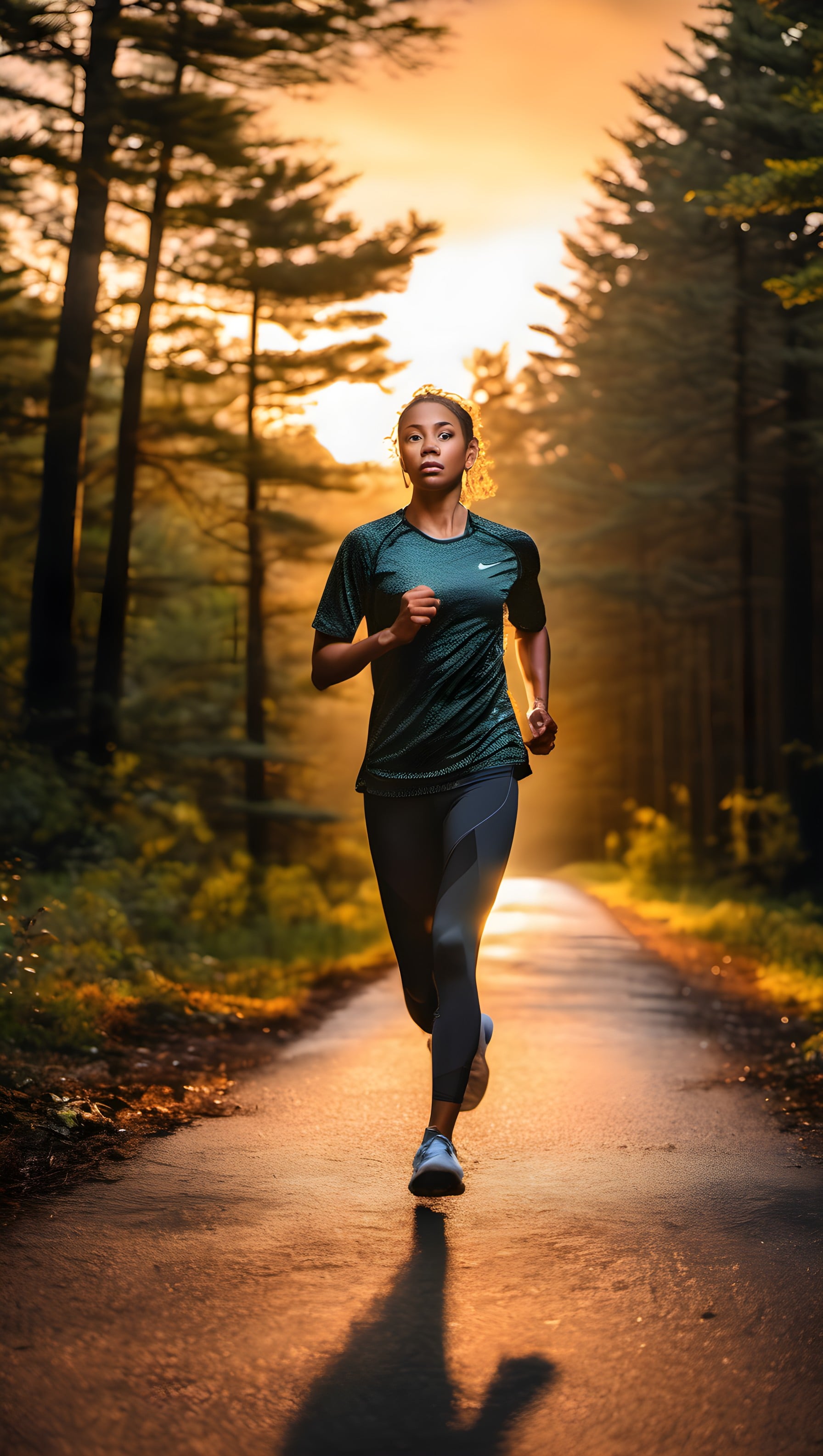 Woman Running Forest Trail at Golden Hour, runner, woman, jogging, forest, golden hour, sunset
