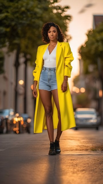 Confident Woman in Yellow Coat Urban Sunset