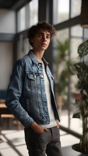 Cool Young Man Denim Jacket Portrait Wallpaper