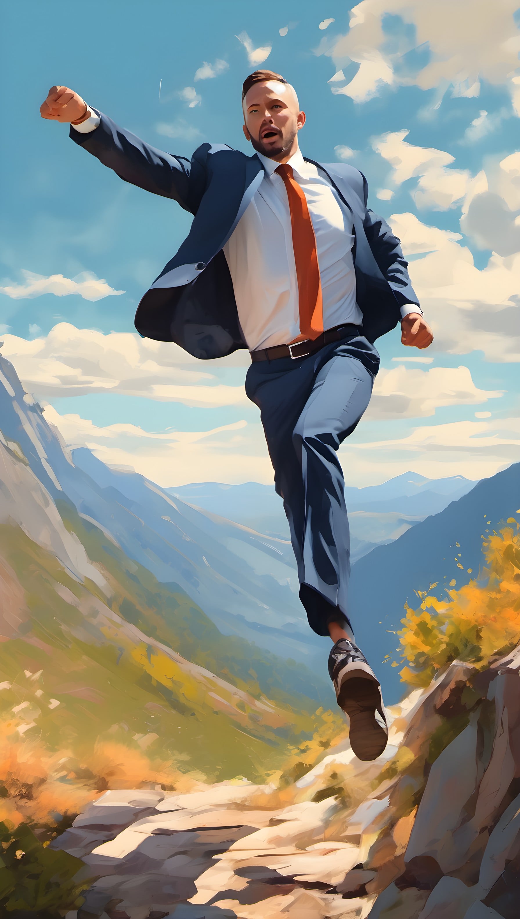 Success Leap: Dynamic Businessman Mountain Trail, businessman, mountain, leap, success, motivation, vibrant