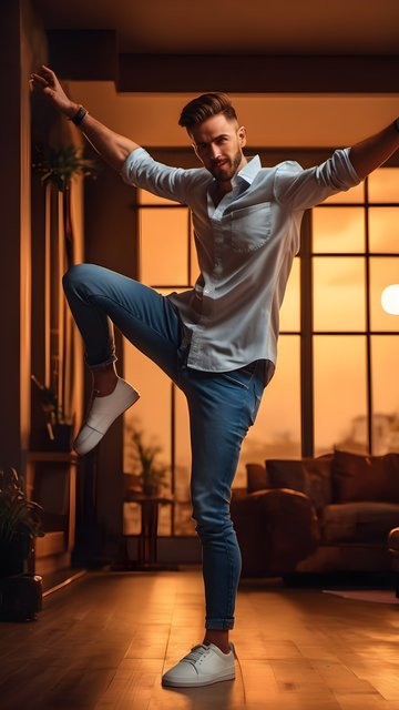 Stylish Man Dynamic Pose Golden Hour Apartment