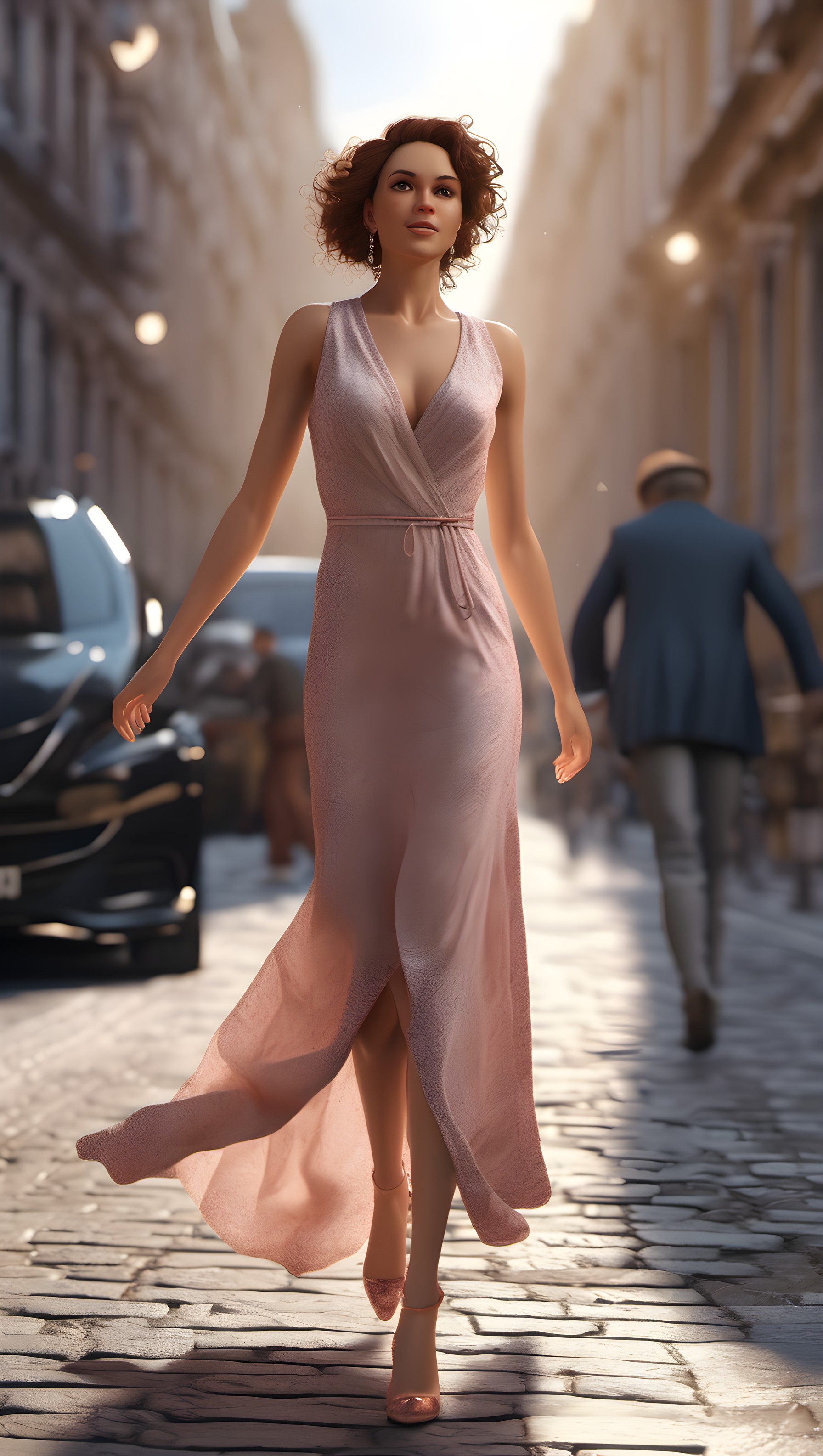 Elegant Woman on European Street at Golden Hour, elegant woman, pink dress, european street, urban fashion, golden hour, city life