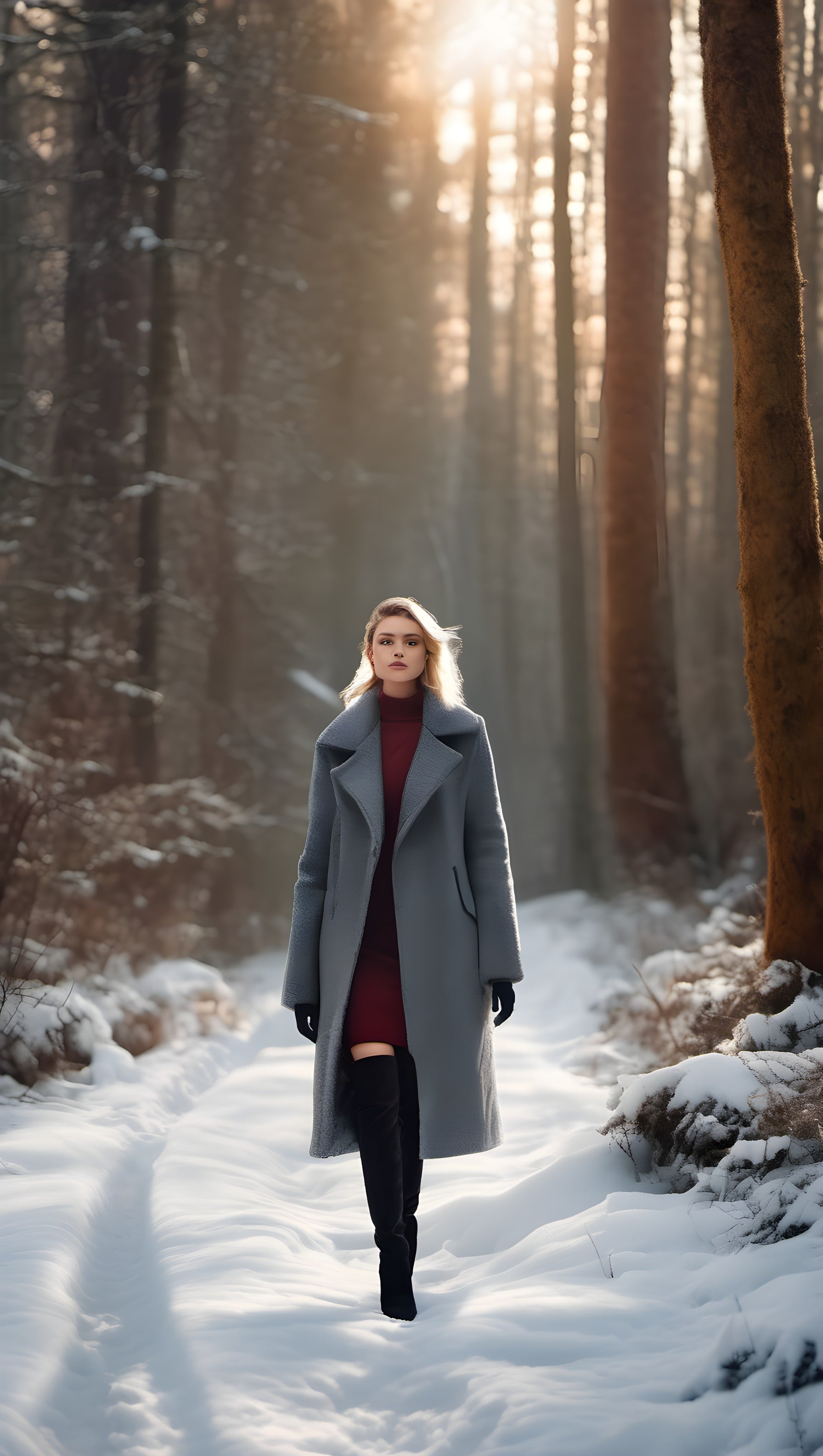 Elegant Woman in Snowy Forest Golden Hour, winter forest, snowy path, golden hour, elegant woman, fashion, winter fashion