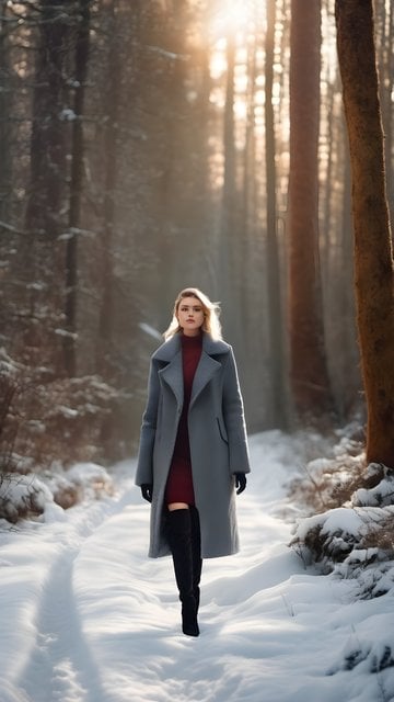 Elegant Woman in Snowy Forest Golden Hour