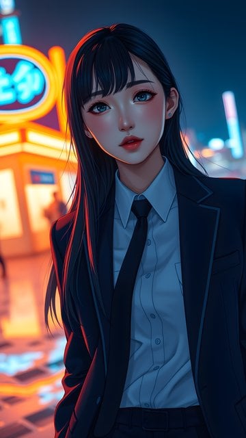 Stylish Anime Girl in Neon City Suit Wallpaper