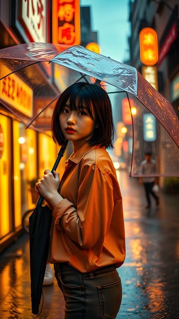 Rainy Tokyo Night: Girl, Umbrella & Neon Glow
