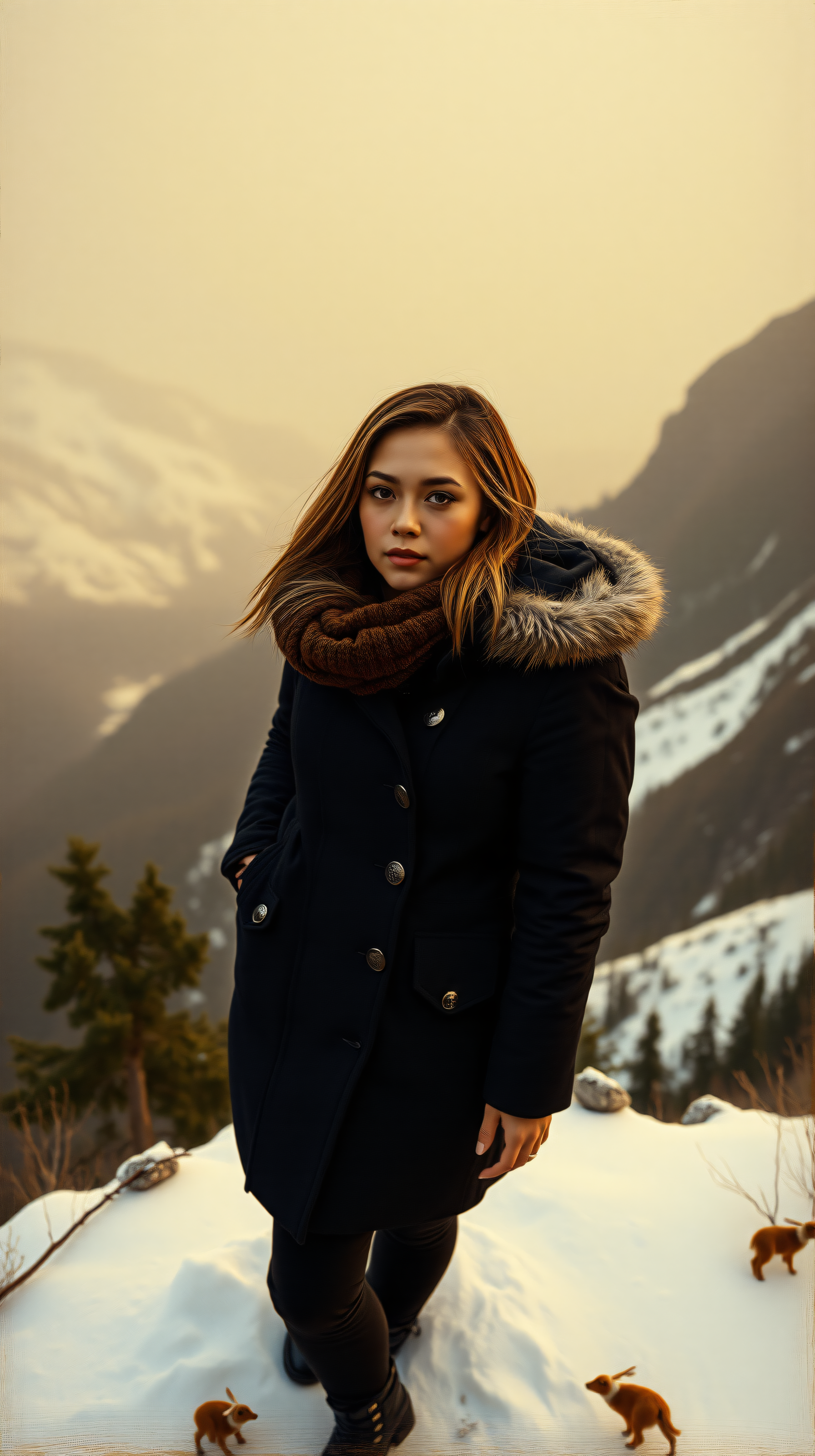 Winter Mountain Woman: Golden Hour Snow Scene Wallpaper, woman, winter, snow, mountain, golden hour, portrait