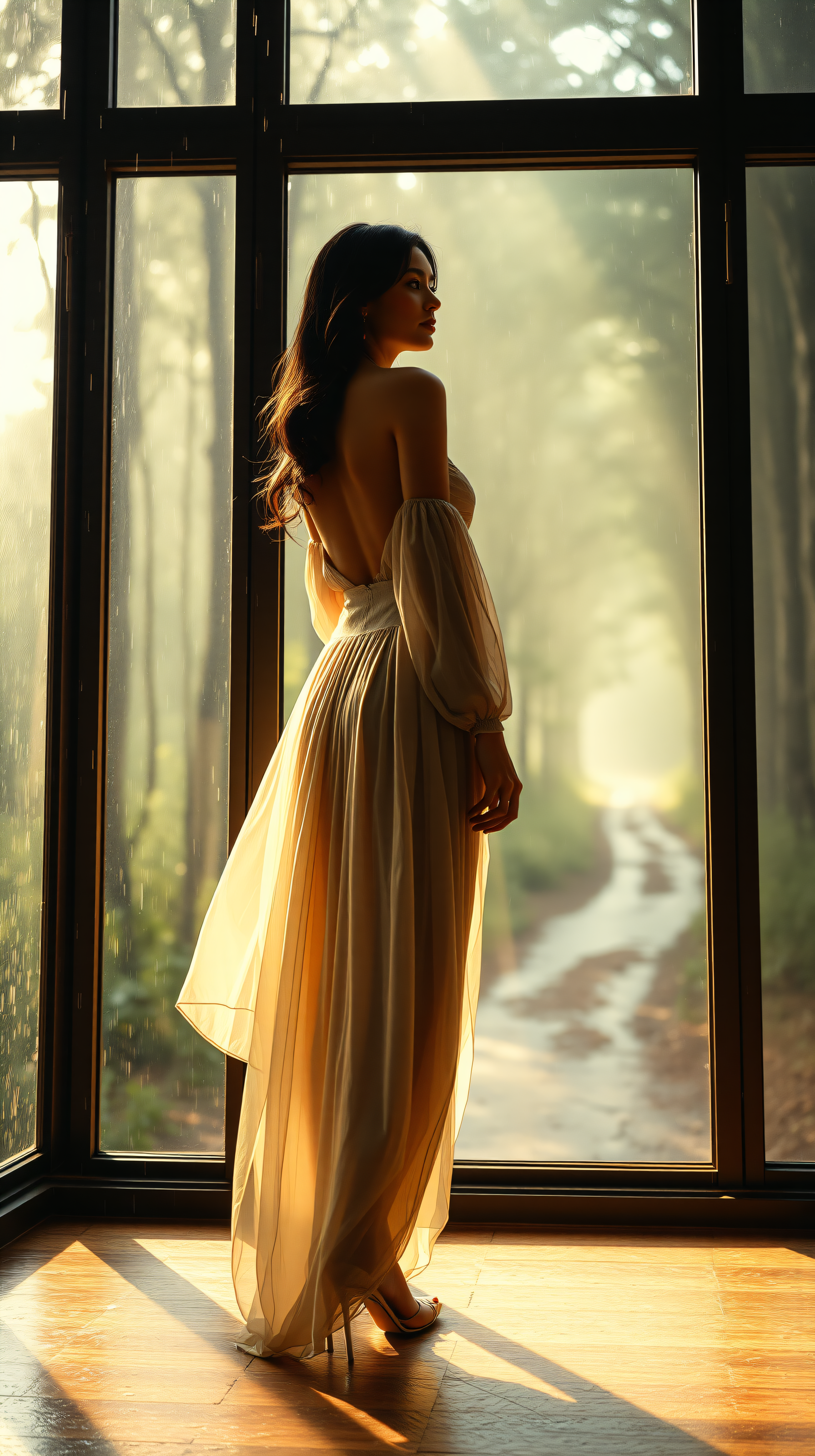 Elegant Woman by Window, Golden Hour Forest Path, elegant woman, golden hour, forest path, window view, dreamy, serene
