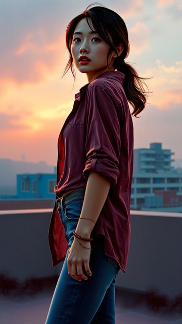 Stylish Woman Rooftop Sunset Glow