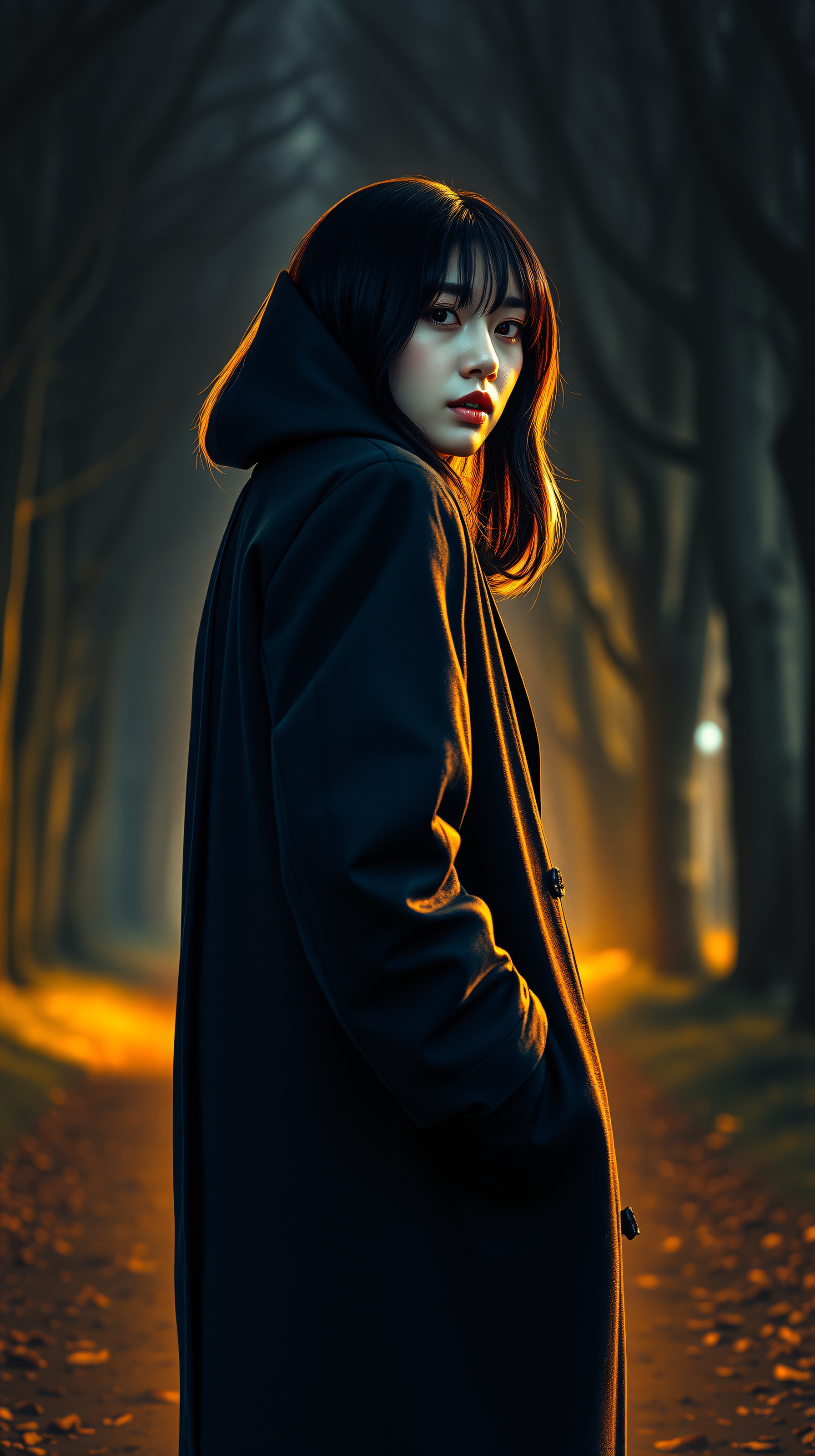 Mysterious Woman, Golden Hour Forest Path, mysterious woman, dark coat, golden hour, forest path, cinematic, dramatic light