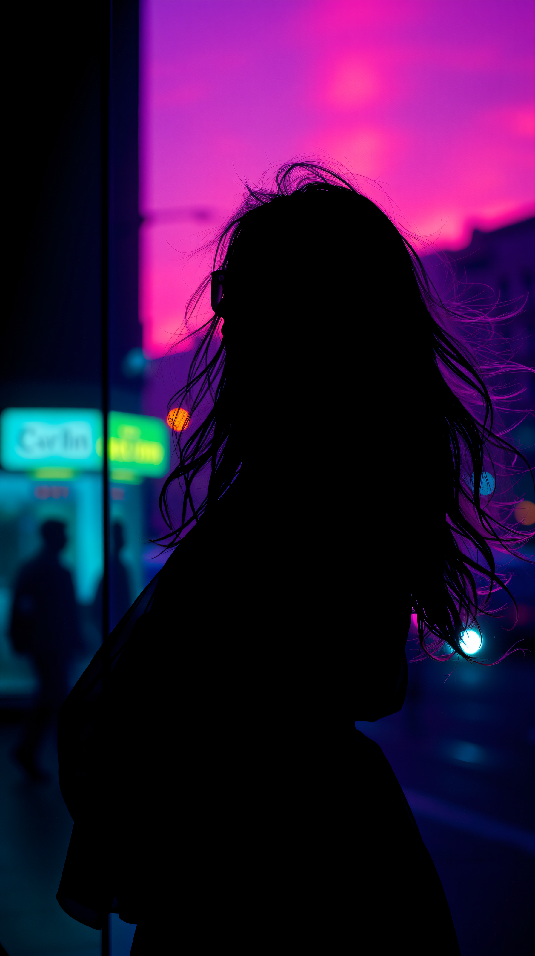 Neon City Night Silhouette Wallpaper, neon, silhouette, dark, city, night, purple