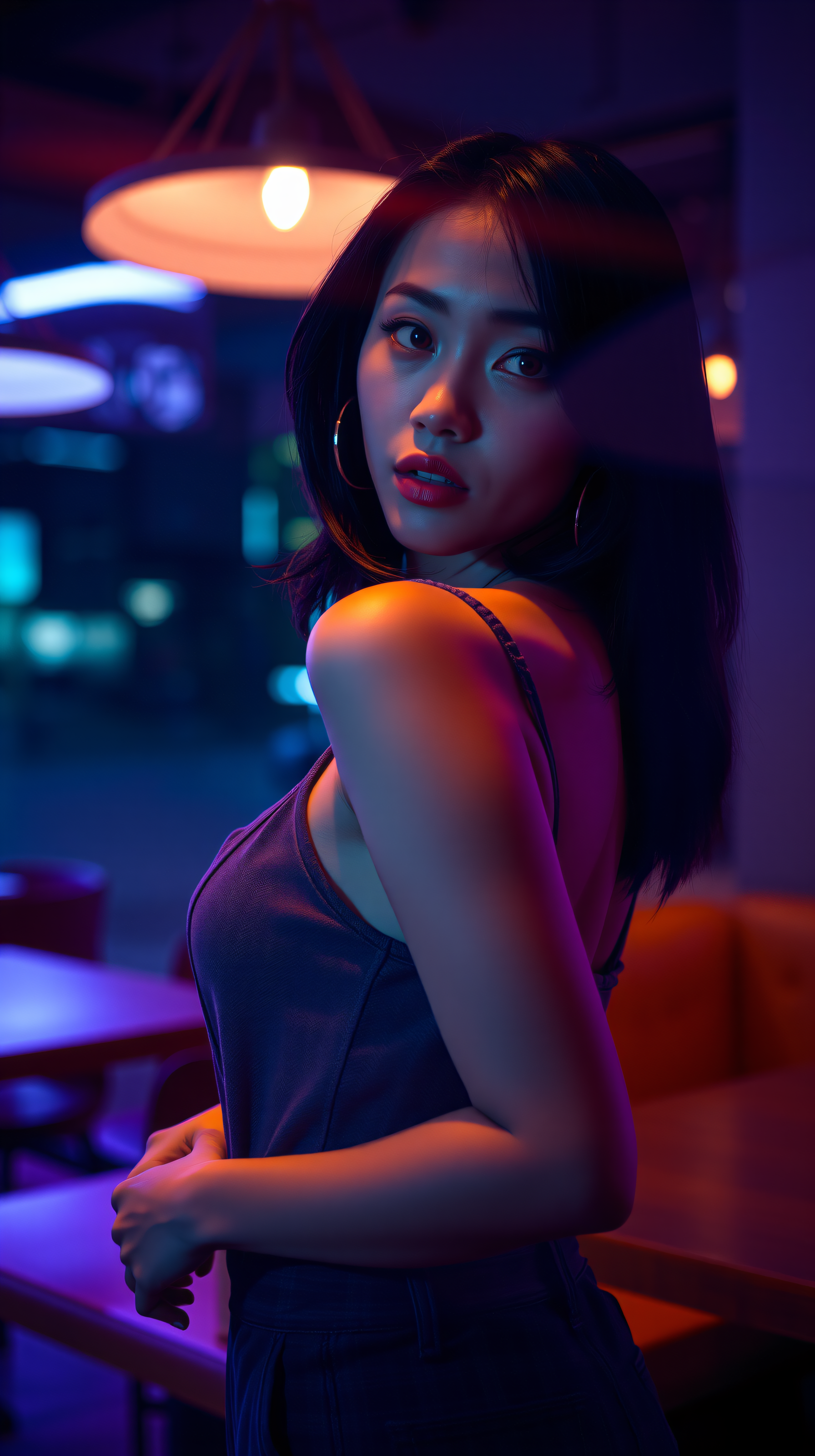 Mysterious Neon Portrait of Woman in Cyberpunk Glow, neon portrait, cyberpunk woman, futuristic aesthetic, moody lighting, purple blue orange, enigmatic gaze
