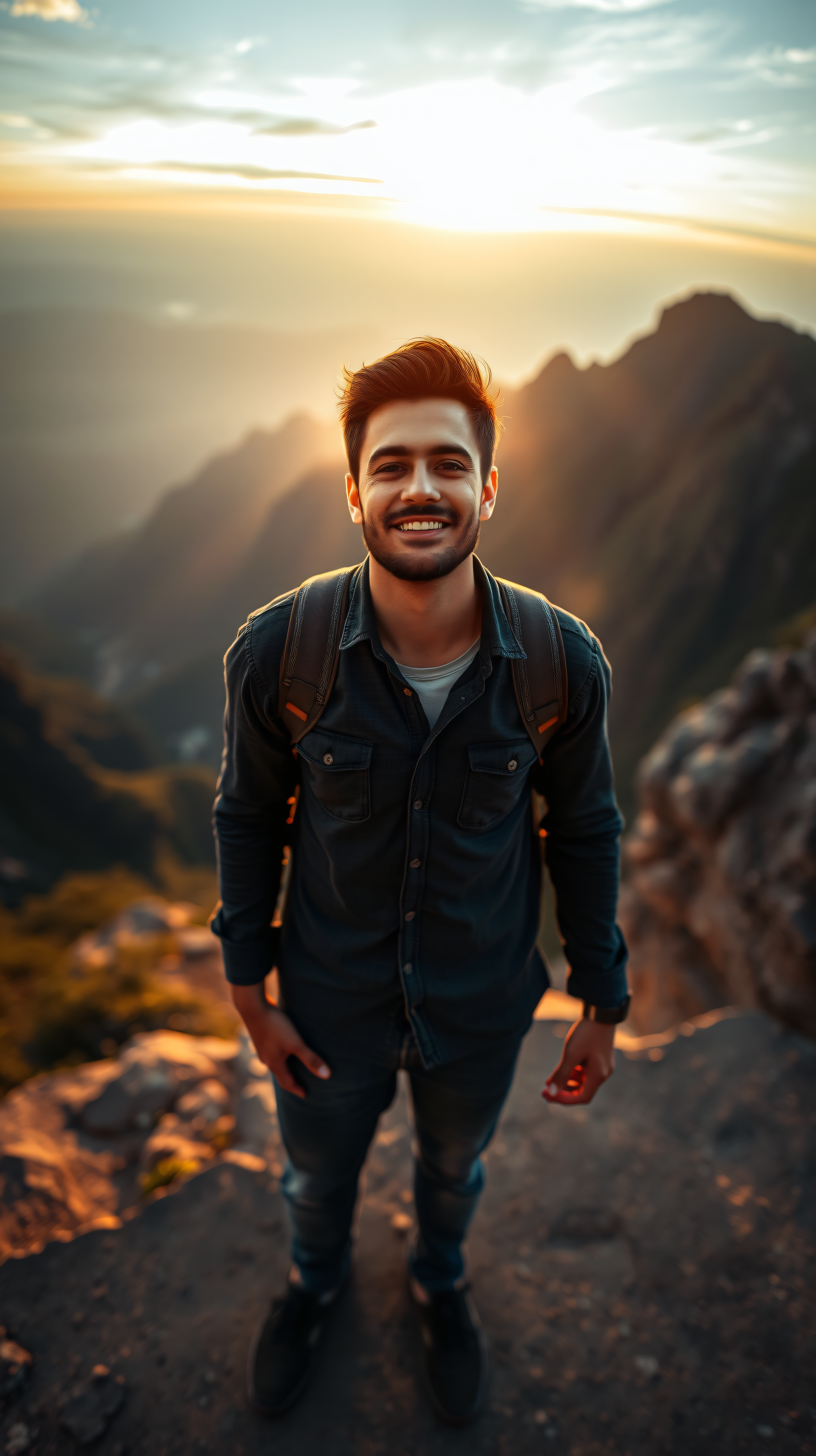 Smiling Hiker at Golden Sunset Mountain Peak, hiker, man, smile, mountain, sunset, golden hour