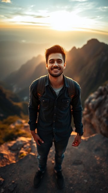 Smiling Hiker at Golden Sunset Mountain Peak