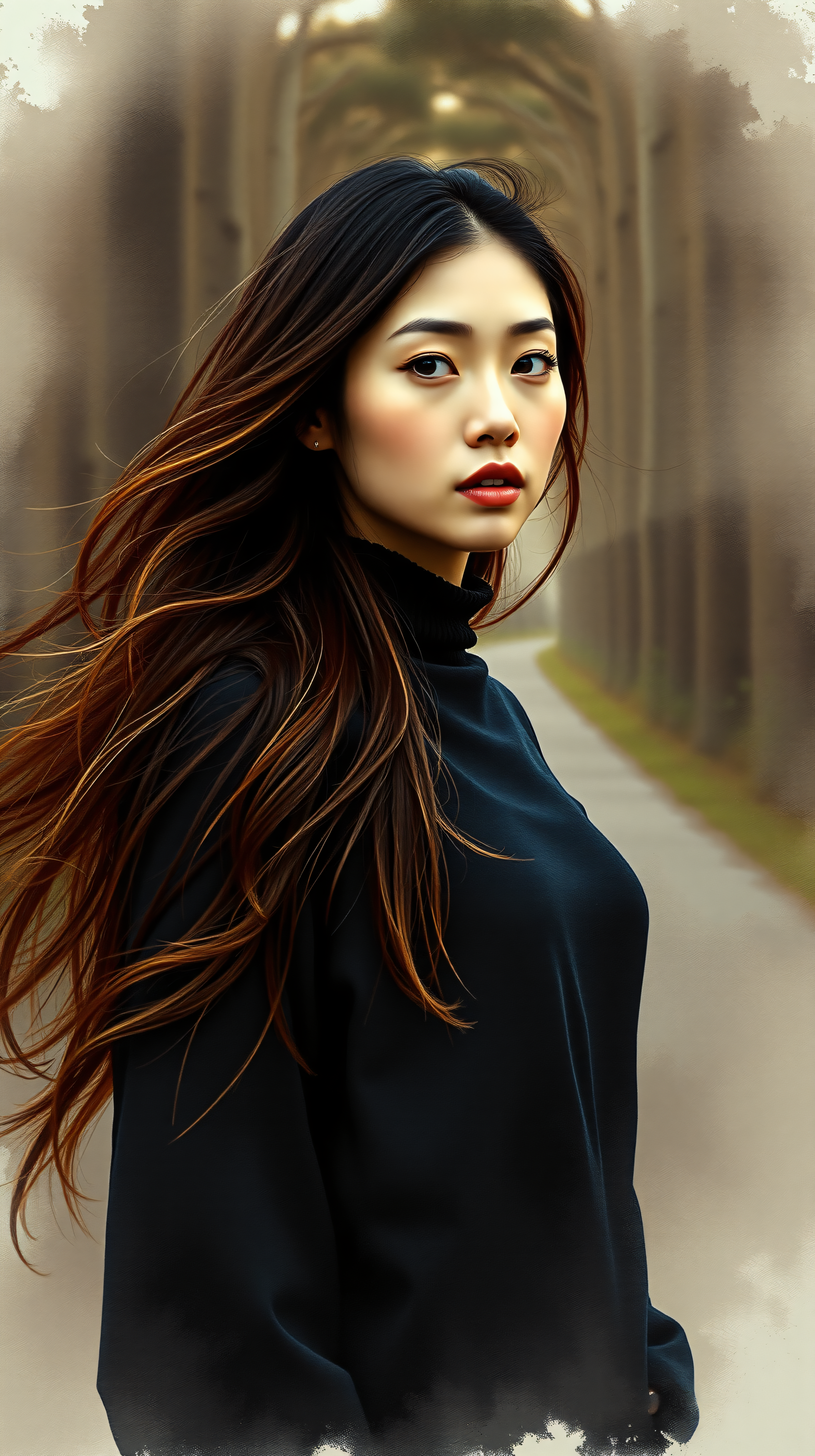 Elegant Asian Woman Portrait with Flowing Hair, asian woman, portrait, elegant, beauty, dark hair, red lips