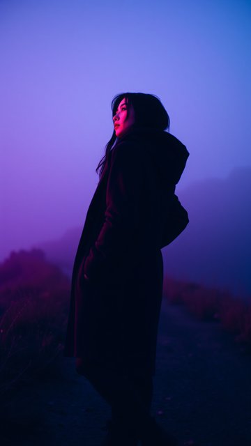 Neon Purple Haze Portrait: Mysterious Foggy Night