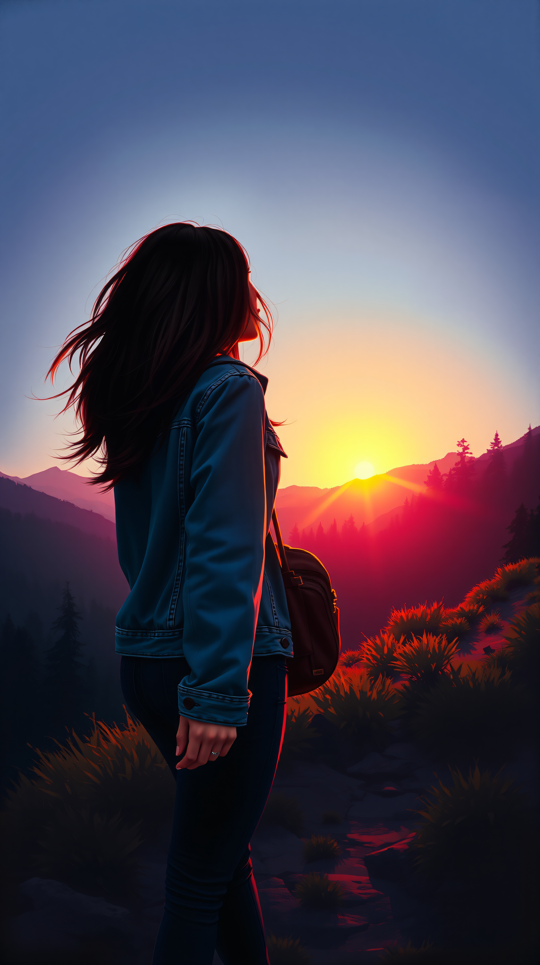 Vibrant Sunset Mountain View with Hiker, sunset, mountain, nature, landscape, vibrant, golden hour