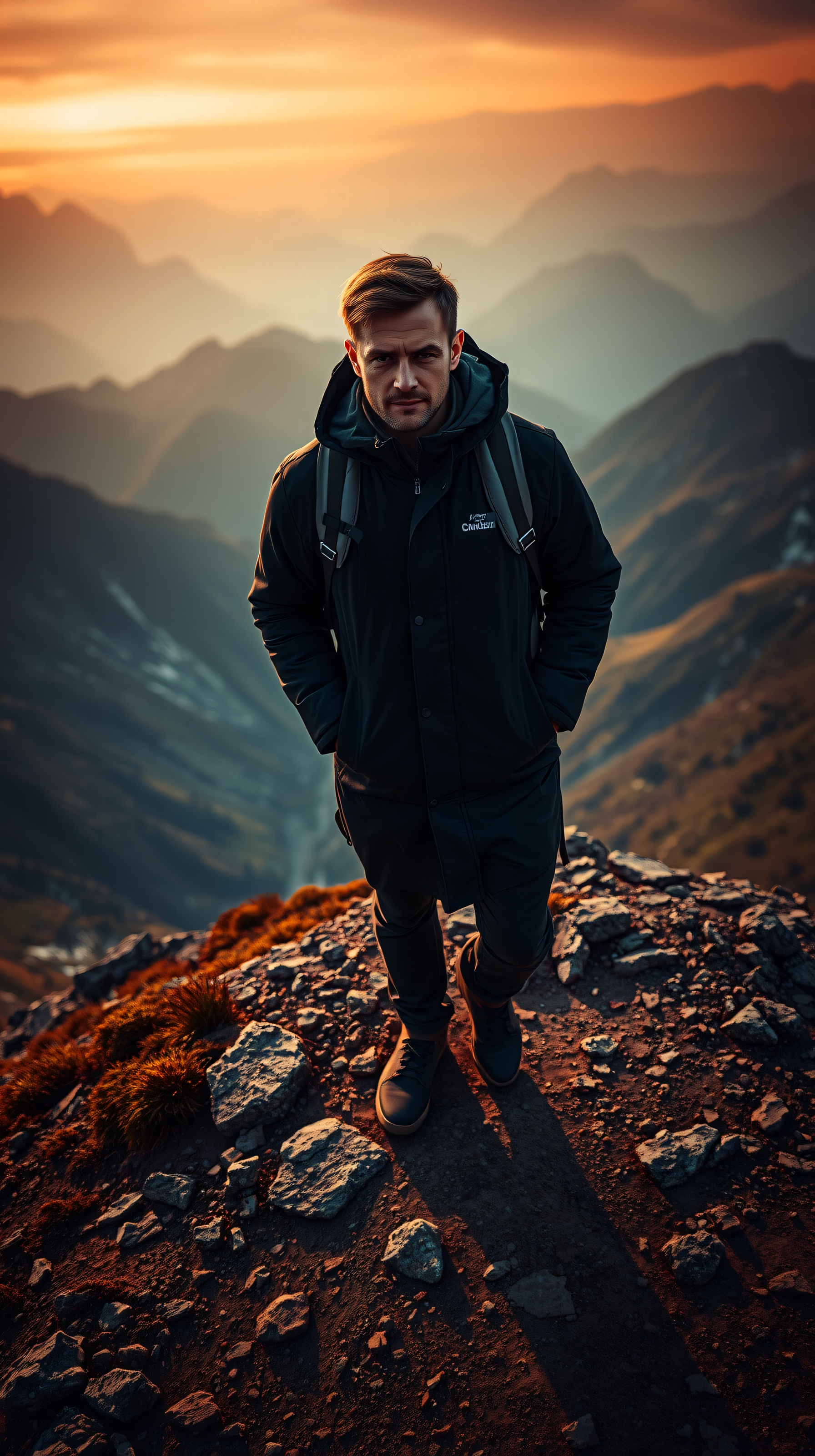 Hiker on Mountain Peak at Golden Hour Sunset, hiker, mountain, sunset, golden hour, adventure, nature