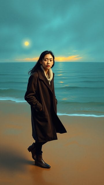 Elegant Woman on Teal Beach at Sunset Wallpaper