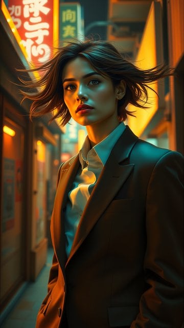 Stylish Woman Neon City Night Portrait Wallpaper