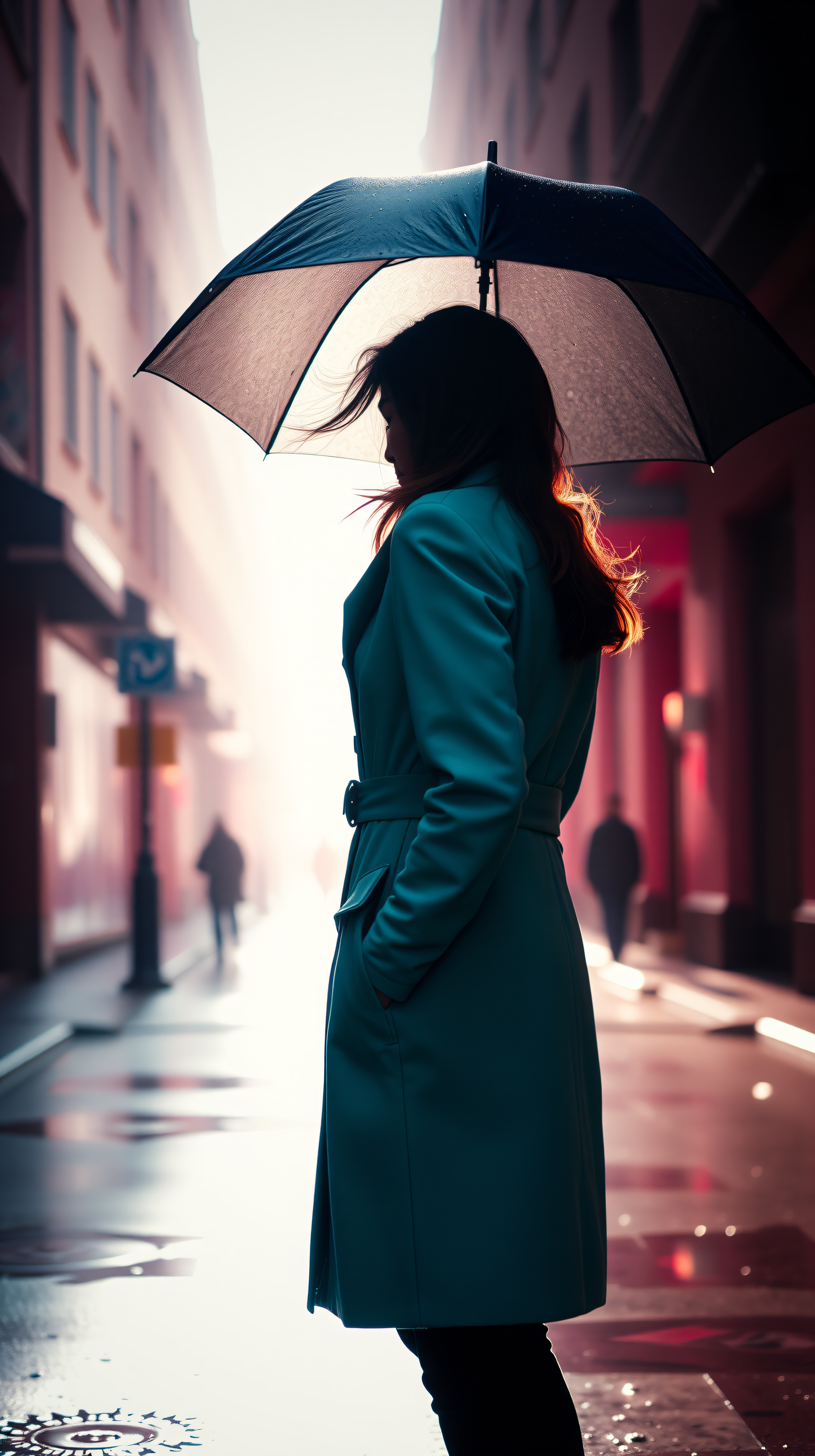 Woman with Umbrella in Rainy City Street, woman with umbrella, rainy city, urban street, silhouette, teal coat, cinematic