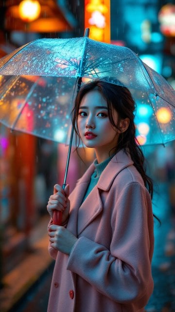 Night Rain City Girl with Umbrella Aesthetic