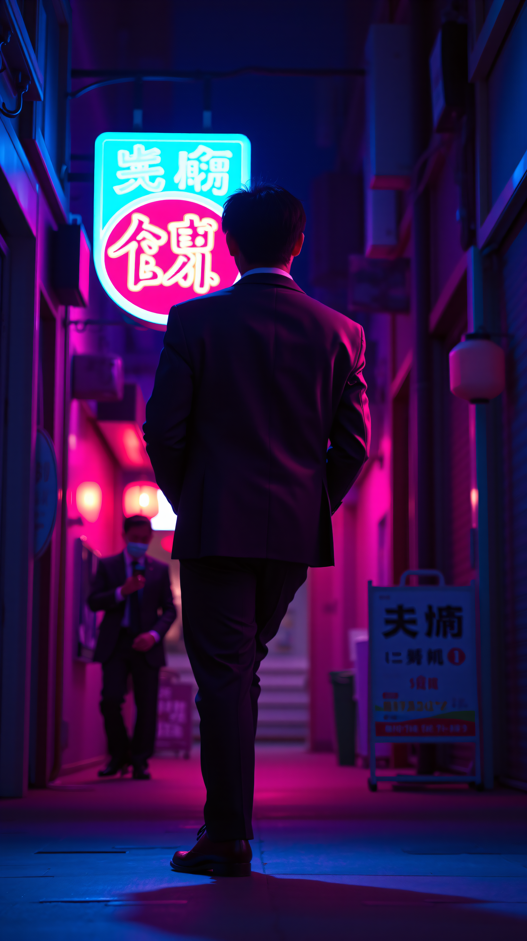 Neon Night City Alley with Man in Suit, neon city, cyberpunk, night street, urban aesthetic, man in suit, futuristic