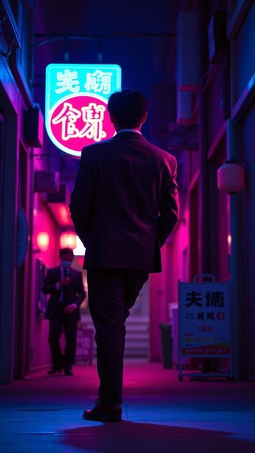 Neon Night City Alley with Man in Suit