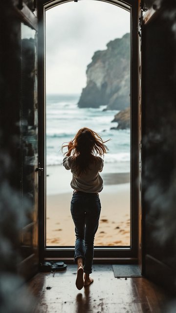 Woman Opening Door to Misty Coastal Beach