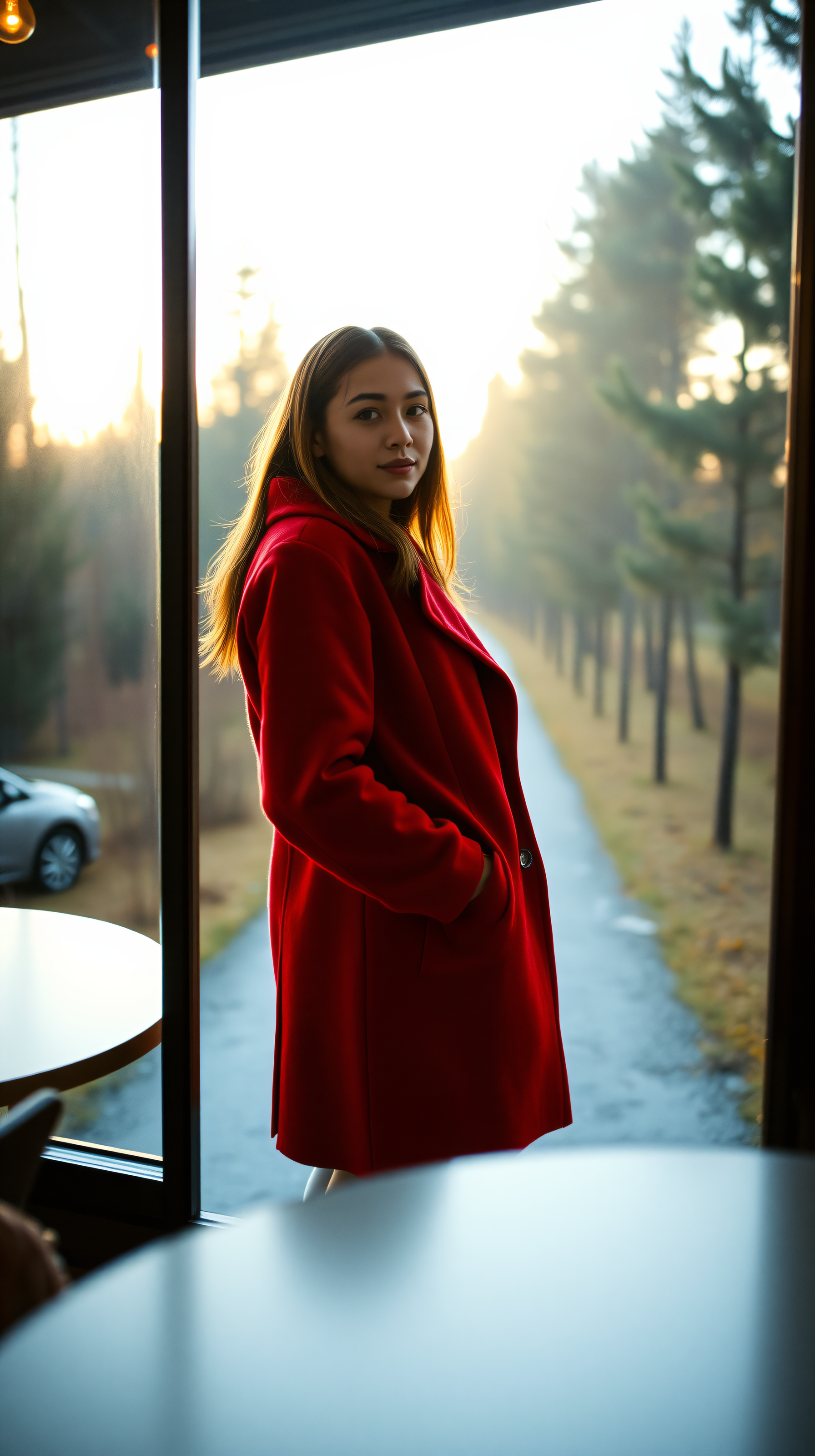 Woman in Red Coat by Window at Golden Hour, woman, red coat, golden hour, portrait, window, fashion