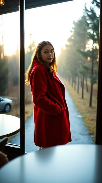 Woman in Red Coat by Window at Golden Hour