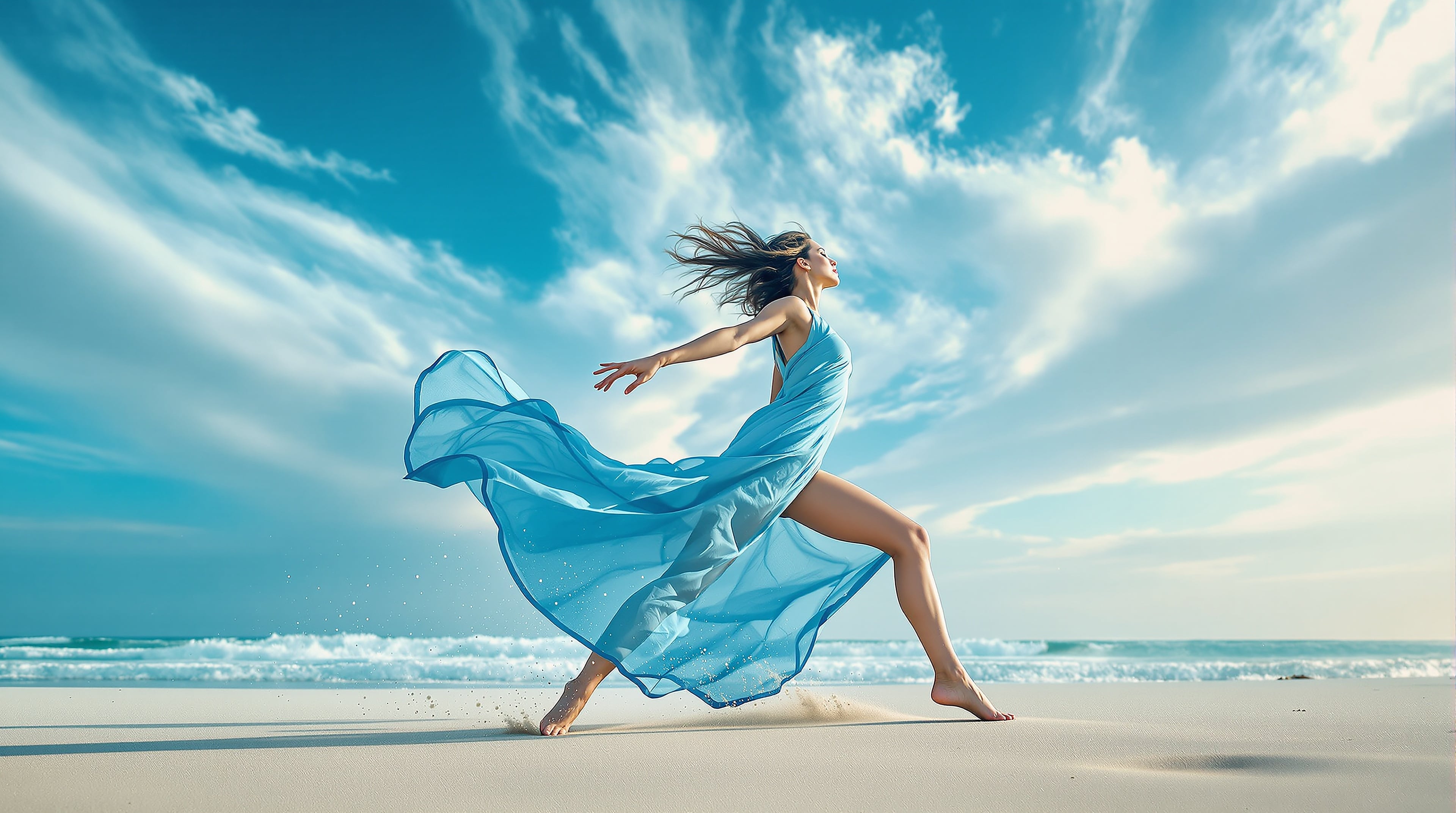 Woman Dancing on Beach with Teal Dress, beach, dancing, woman, teal dress, blue sky, ocean