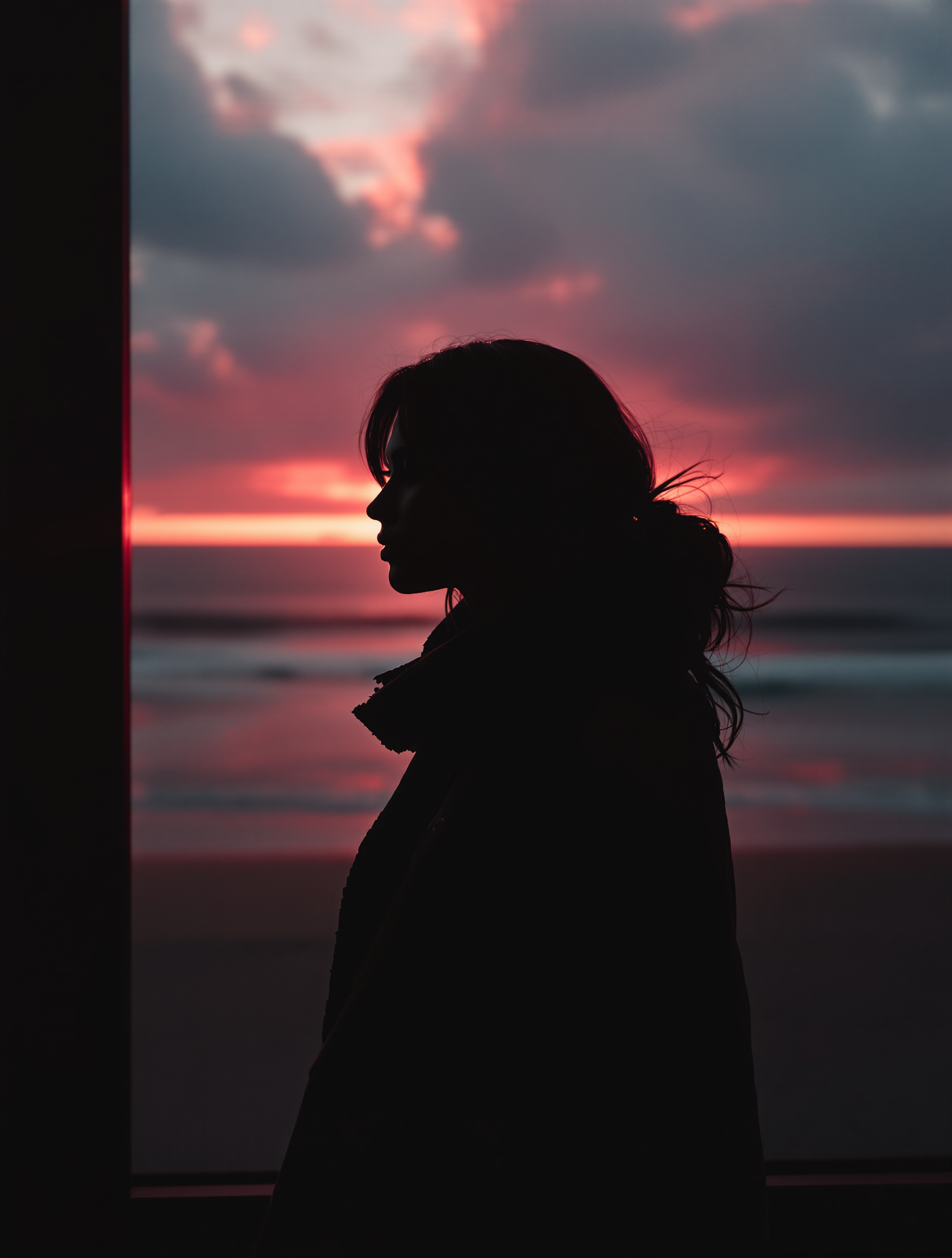 Woman Silhouette at Fiery Sunset Ocean, sunset, silhouette, ocean, beach, fiery sky, aesthetic