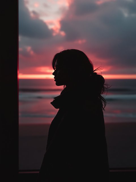 Woman Silhouette at Fiery Sunset Ocean