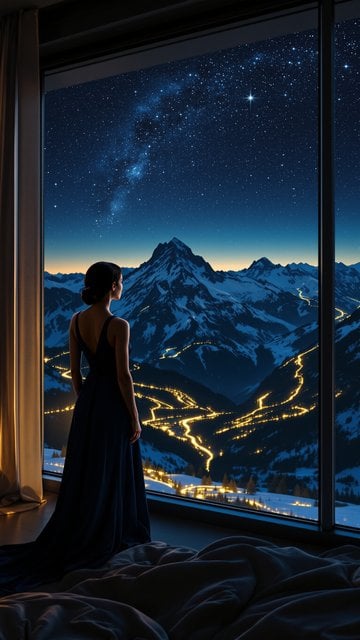 Woman Gazing at Starry Mountain Night View
