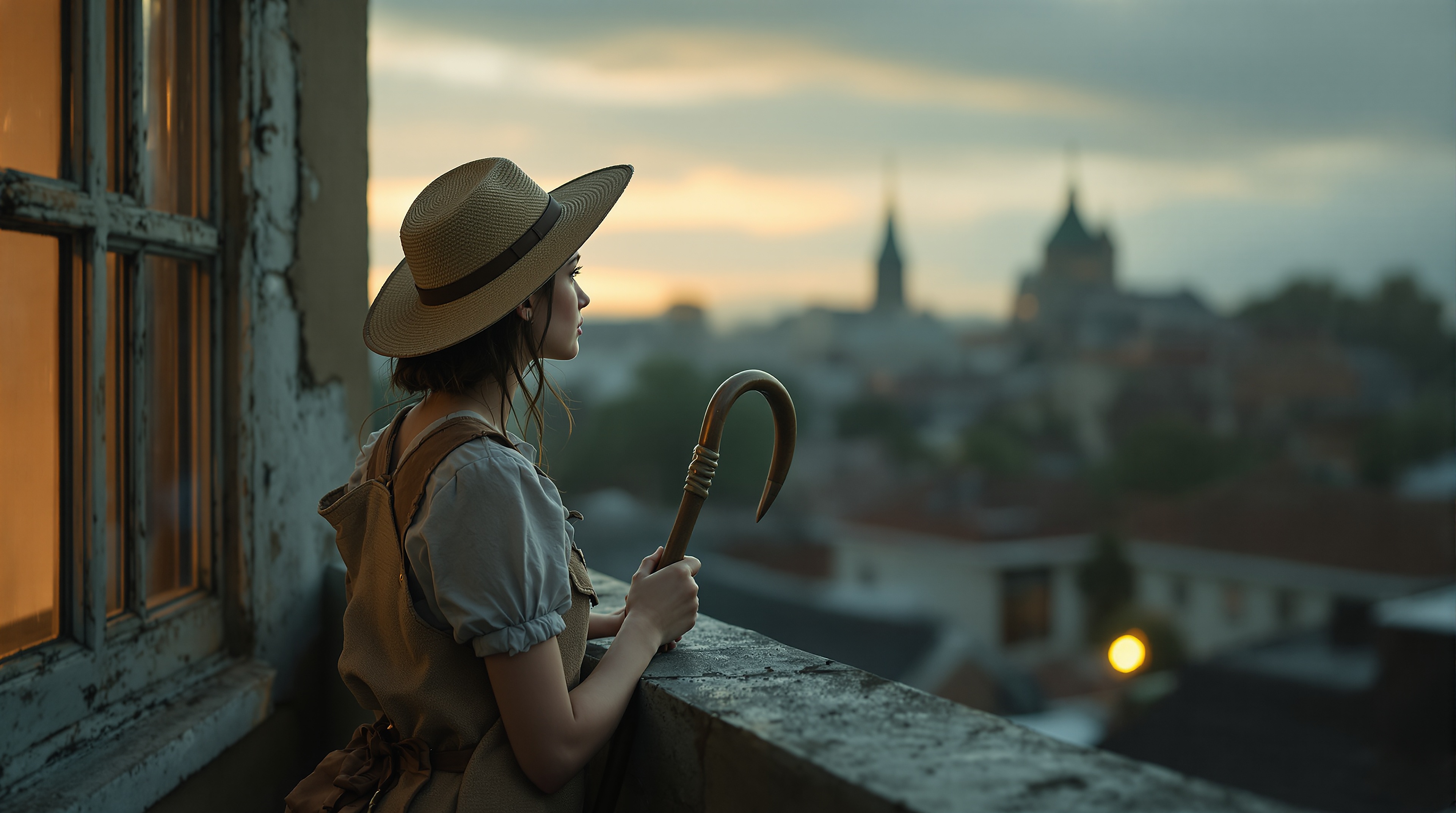 Girl in Straw Hat Overlooking City at Dusk, girl, straw hat, cityscape, dusk, evening, contemplative