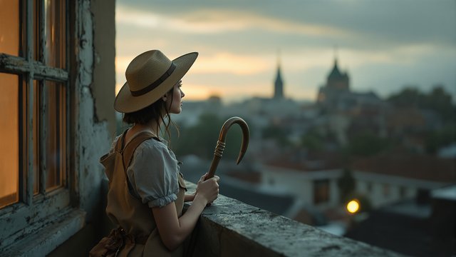 Girl in Straw Hat Overlooking City at Dusk