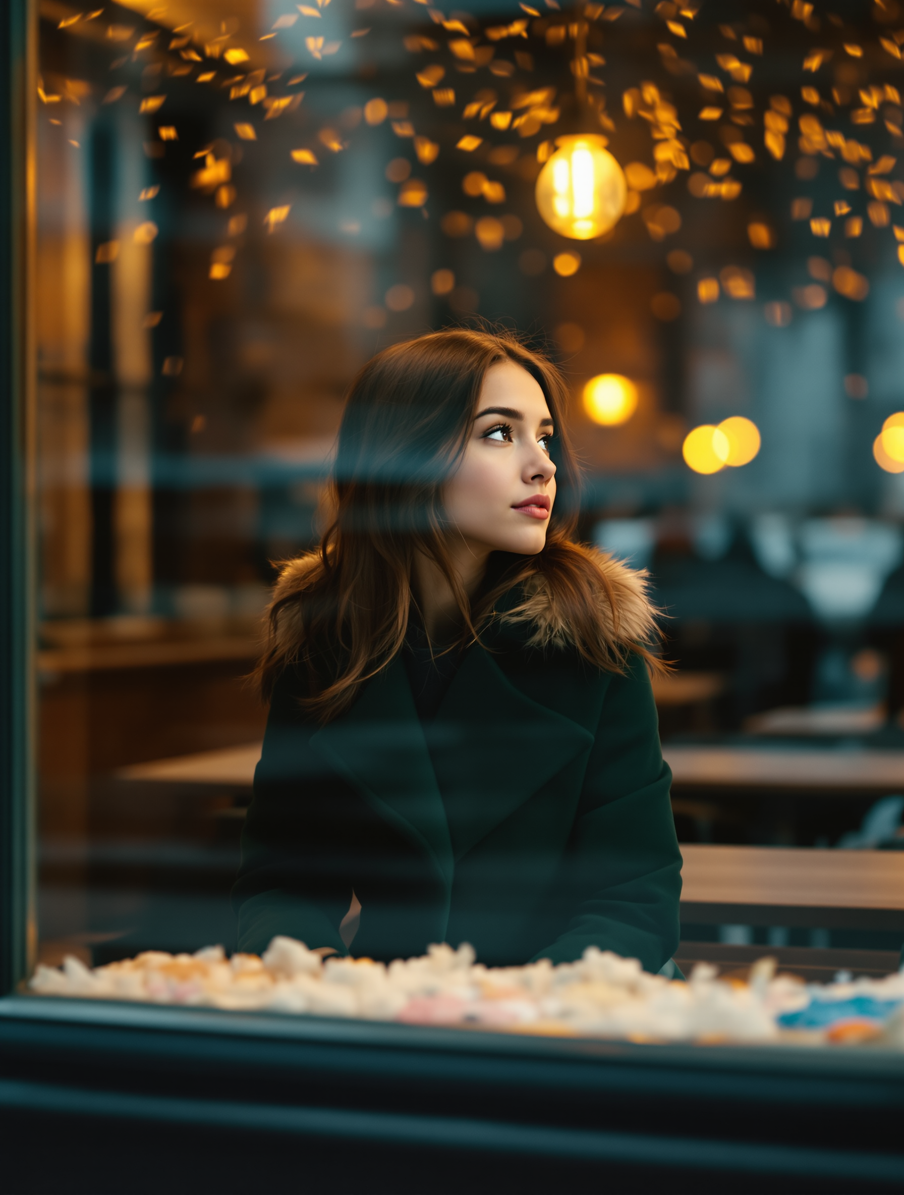 Woman in Cafe Window, Warm Lights & Reflection, woman, cafe, window, bokeh, warm lights, reflection