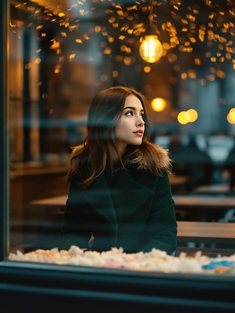 Woman in Cafe Window, Warm Lights & Reflection